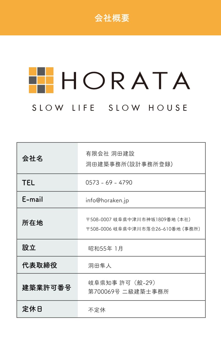 会社概要 ・ アクセス 有限会社 洞田建設　洞田建築事務所(設計事務所登録) 〒508-0007 岐阜県中津川市神坂1809番地 (本社)　〒508-0006 岐阜県中津川市落合26-610番地 (事務所)　0573 - 69 - 4790